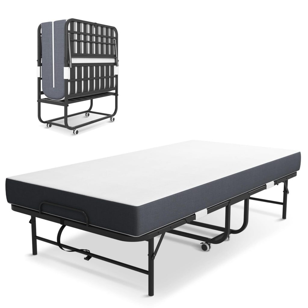 Folding Bed with Mattress, Twin Size Metal Bed Frame with Wheels S874