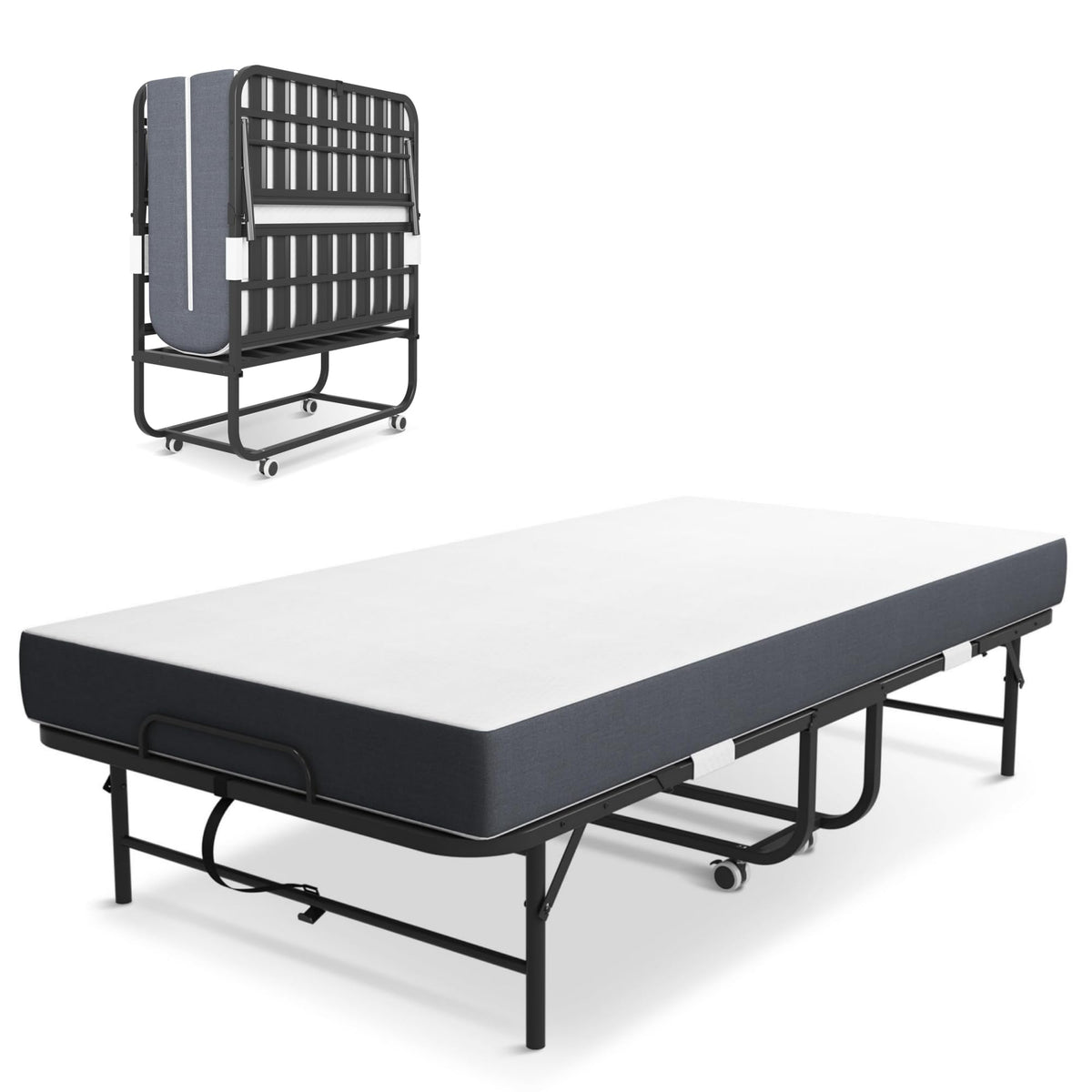 Folding Bed with Mattress, Twin Size Metal Bed Frame with Wheels S874
