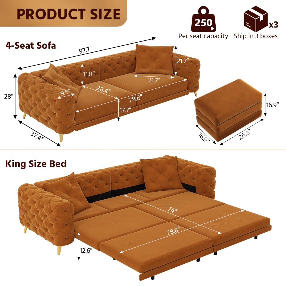 Orange Velvet Convertible Sleeper Sofa with Ottoman M682