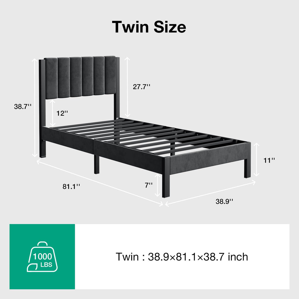 Twin Size Metal Platform Bed Frame with Velvet Headboard and Footboard N383744