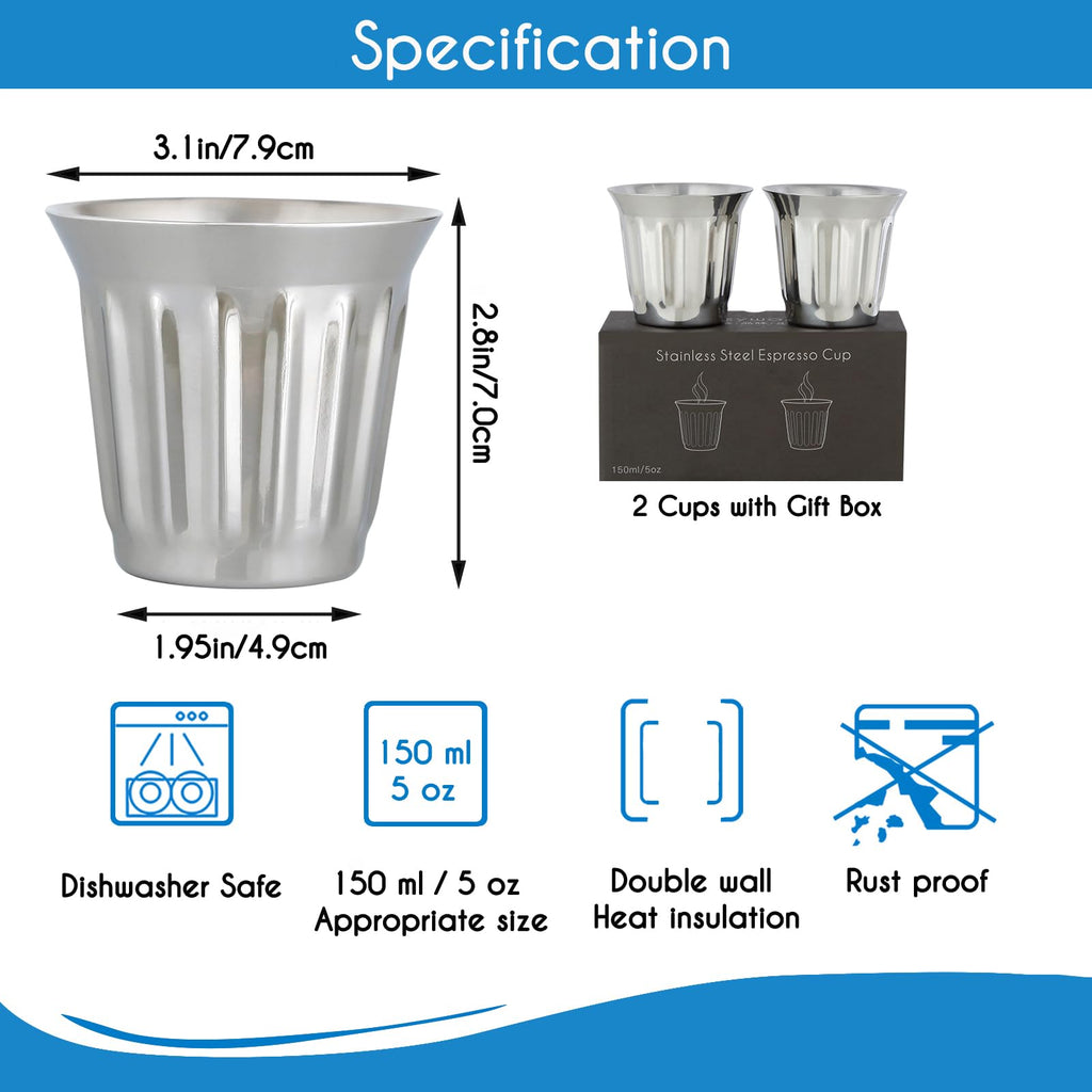 French Press 34 oz Stainless Steel Espresso Cups 5 oz Set of 2 Q645