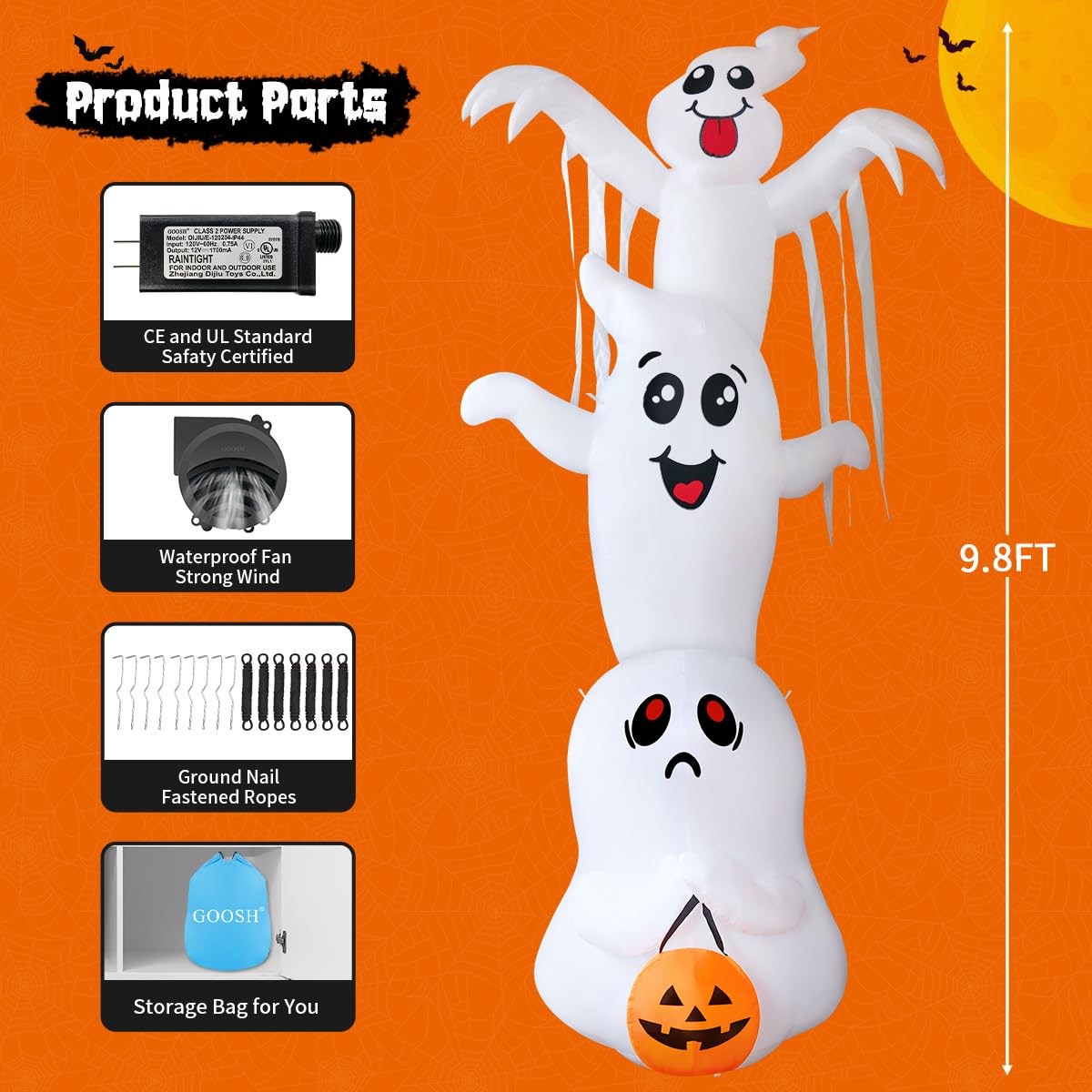 9.8 FT Halloween Inflatable Ghost Outdoor Decoration with Built-in LEDs W52068