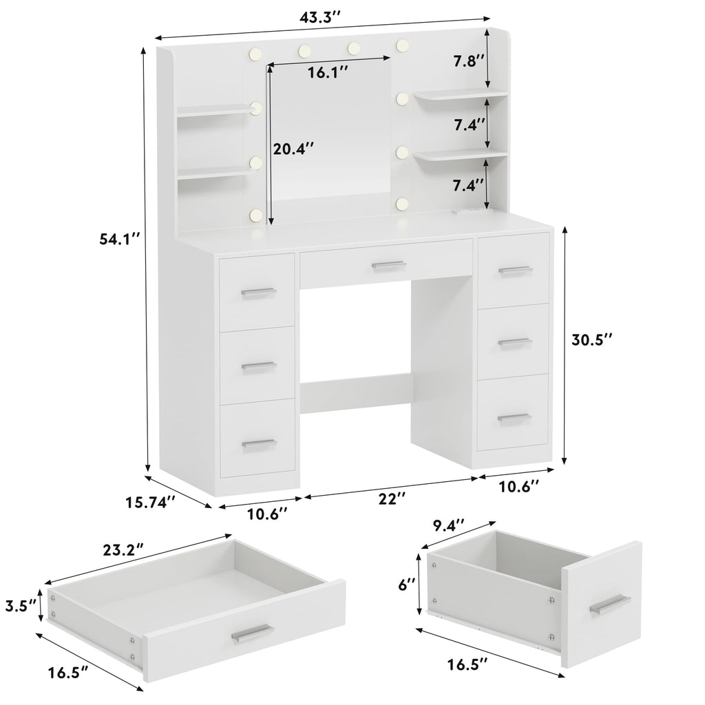 White Vanity Desk with Lighted Mirror and 7 Drawers O933