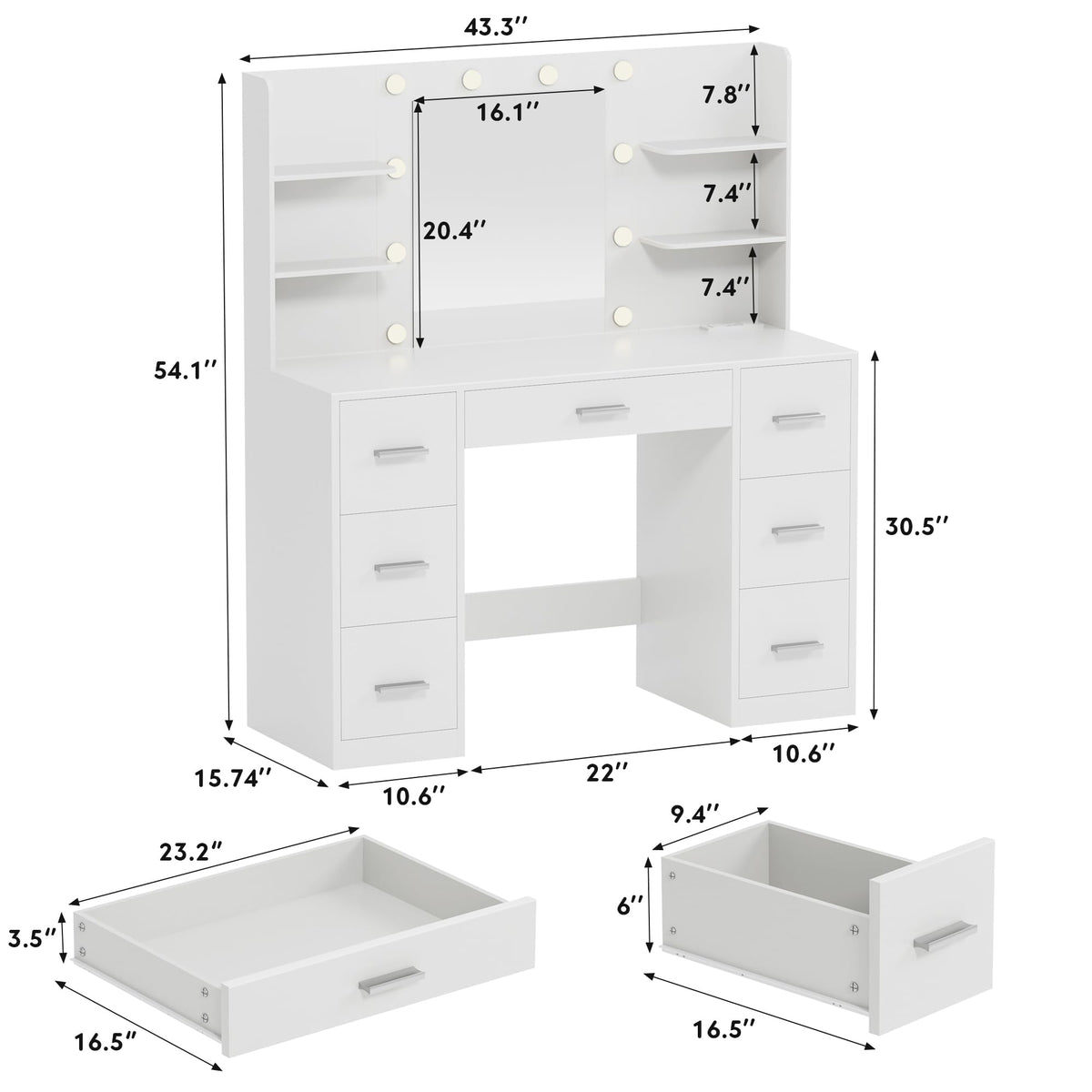 White Vanity Desk with Lighted Mirror and 7 Drawers O933