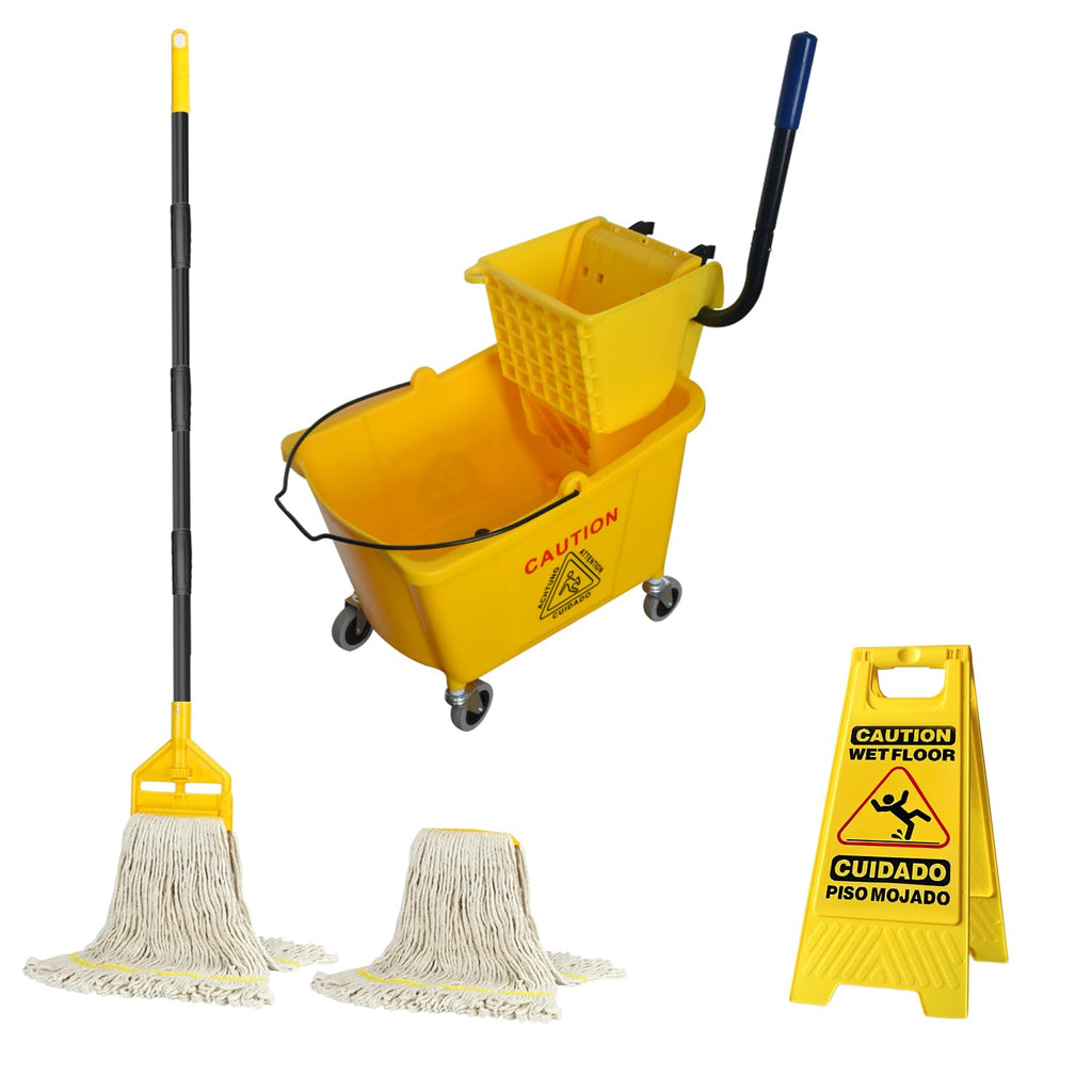 Commercial Mop Bucket with 2 Mop Heads and Caution Sign, 38 Quart J304