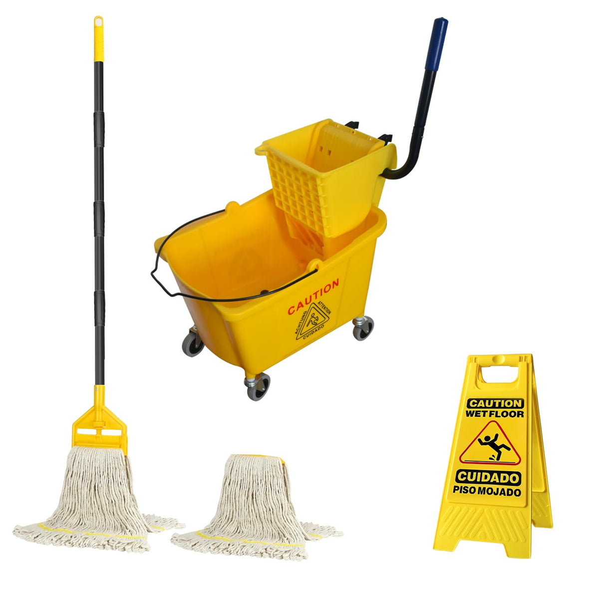 Commercial Mop Bucket with 2 Mop Heads and Caution Sign, 38 Quart J304