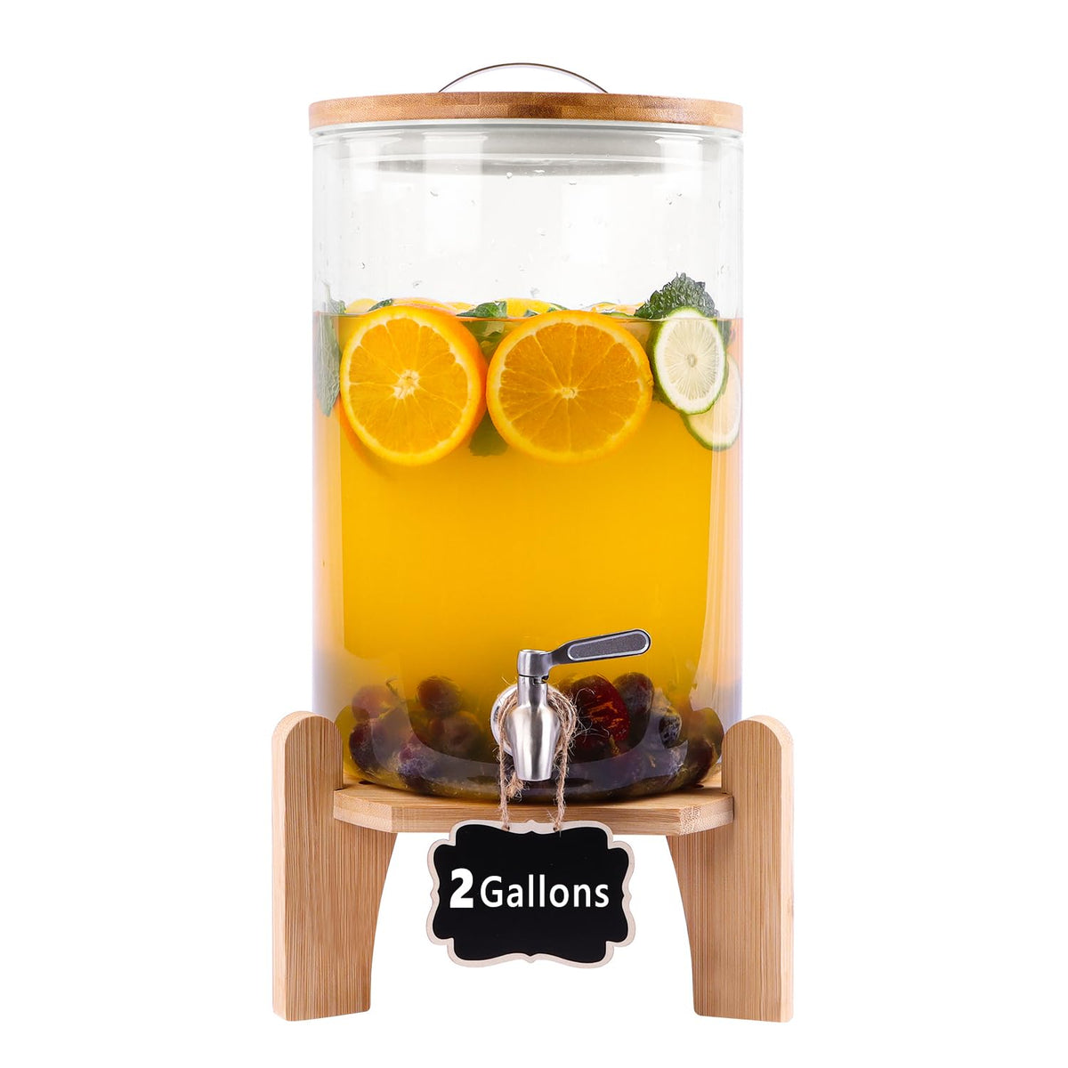 2 Gallon Glass Beverage Dispenser with Wood Stand and Stainless Steel Spigot J5571