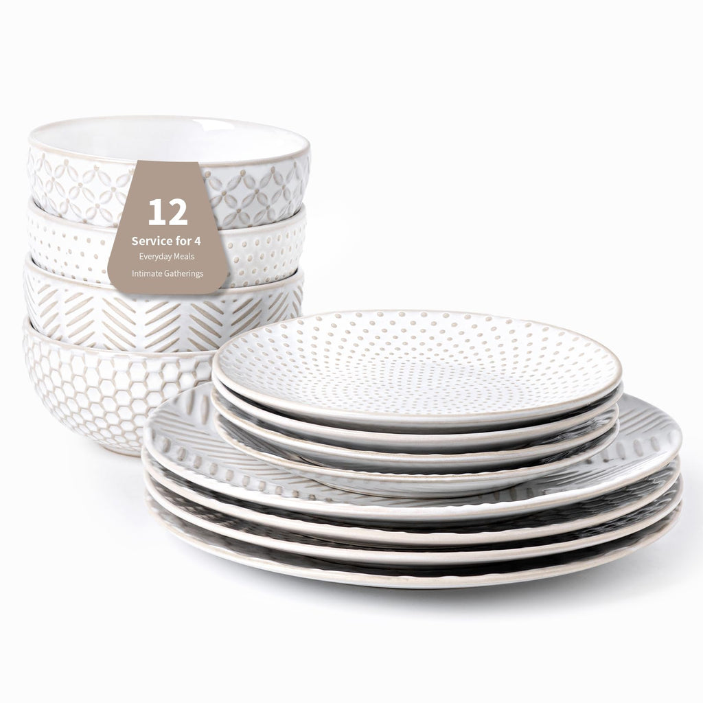 12 Piece Embossed Stoneware Dinnerware Sets for 4 L297820
