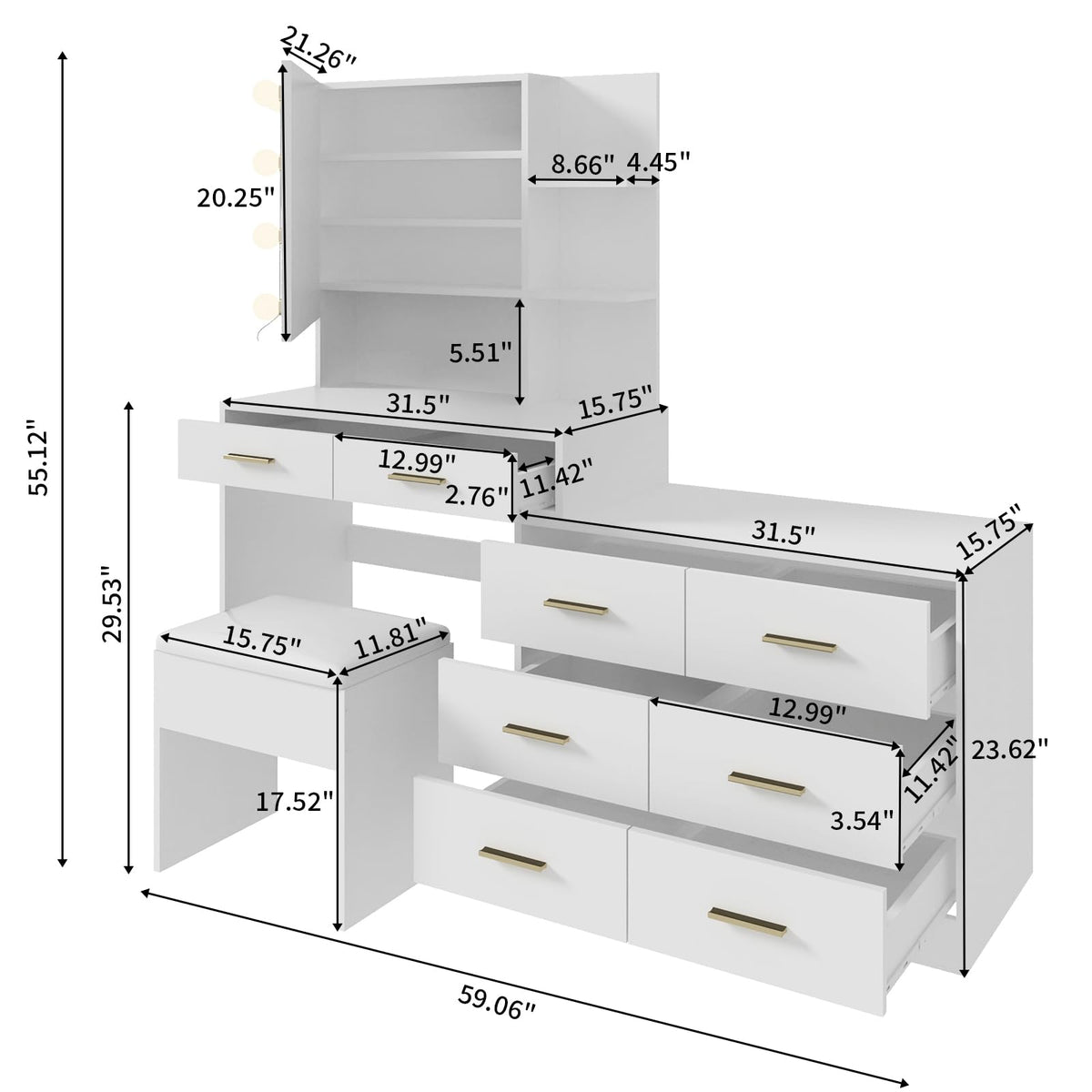 White Makeup Vanity Desk Set with 8 Drawers M345