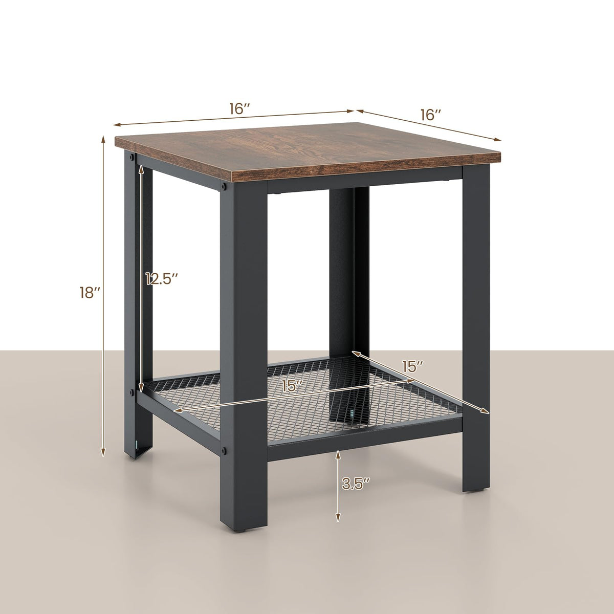 2-Tier End Table Set of 2, 16 Inch Side Table with Mesh Storage Shelf N1819