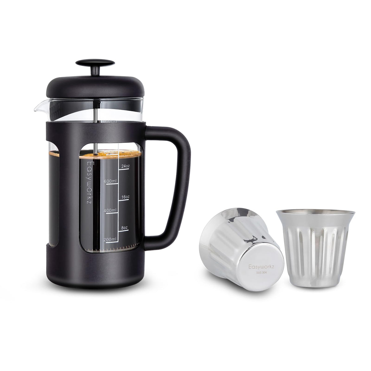French Press 34 oz Stainless Steel Espresso Cups 5 oz Set of 2 Q645