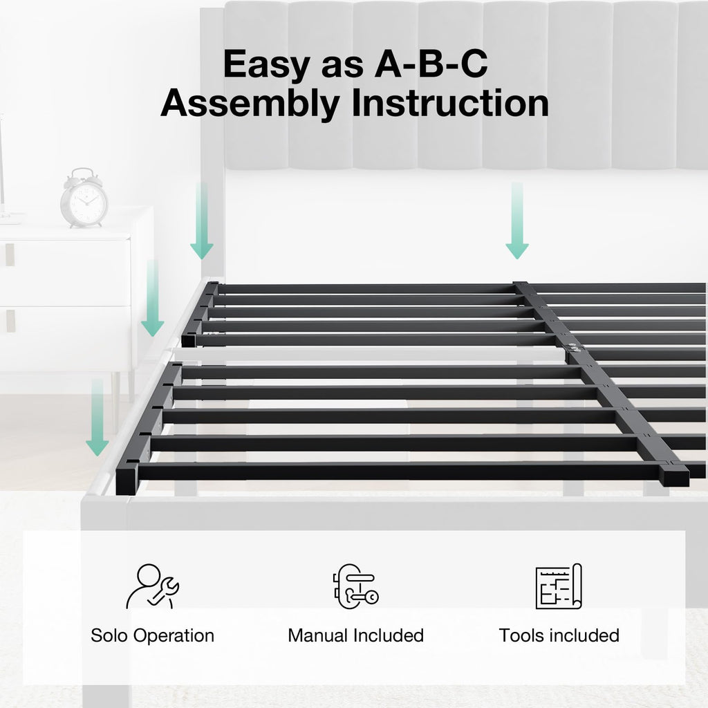 Twin Size Metal Platform Bed Frame with Velvet Headboard and Footboard N383744