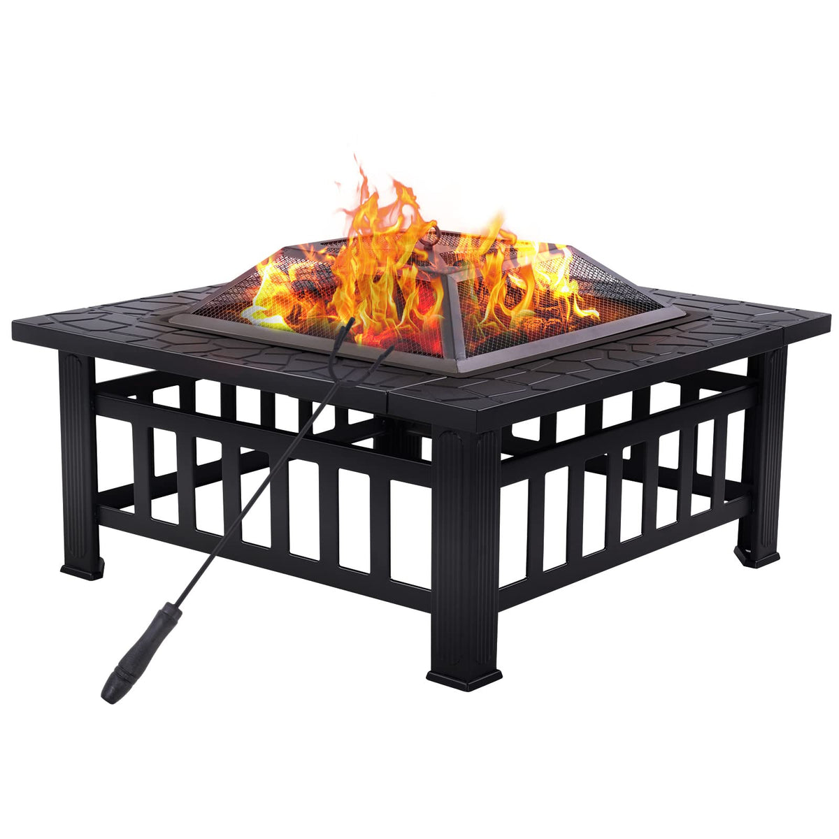 32" Square Wood Burning Fire Pit with Poker and Cover E2171