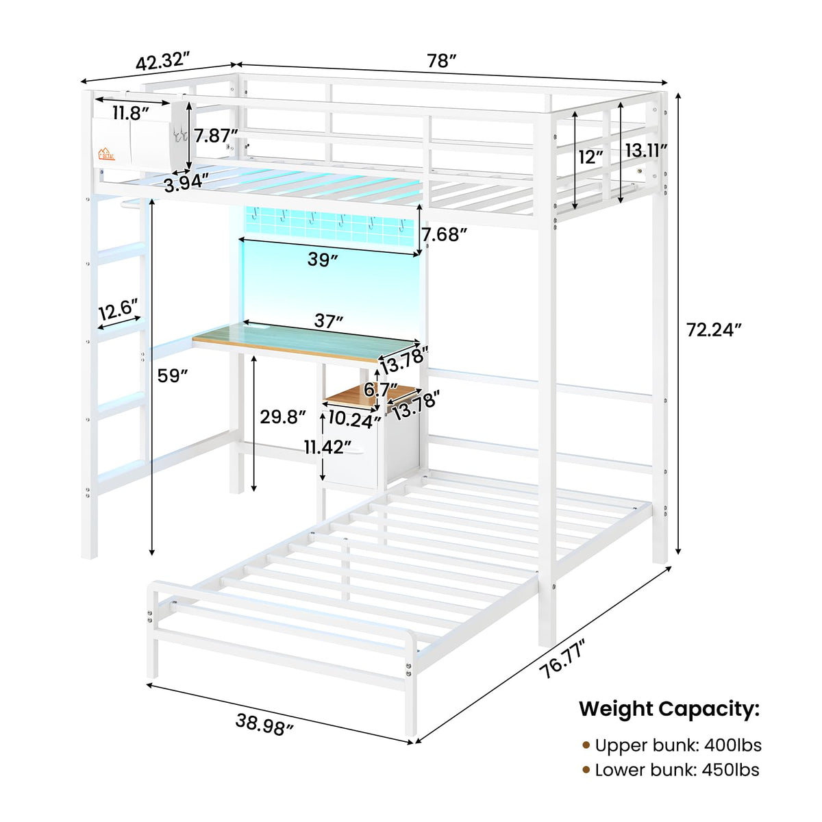 Twin Over Twin White Bunk Bed with Desk V290