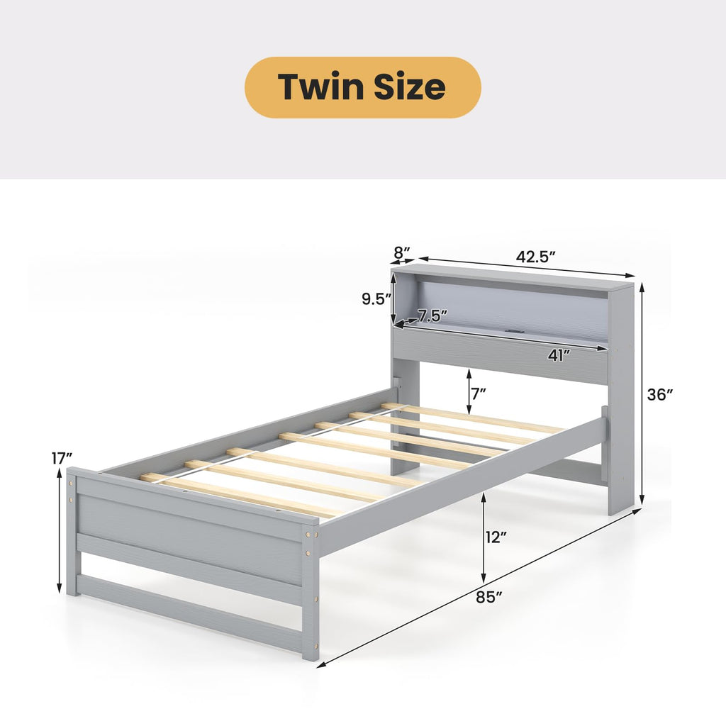 Twin Wood Platform Bed with Storage Headboard and Charging Station B49797