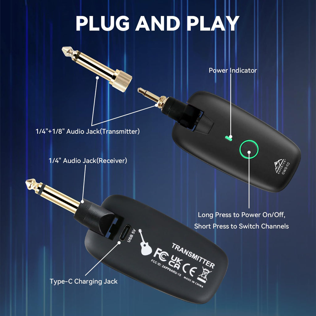 Wireless Guitar System Transmitter Receiver 7-Channel Rechargeable Black U28857