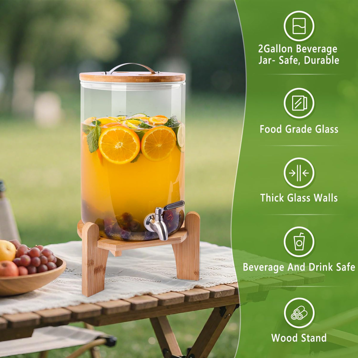 2 Gallon Glass Beverage Dispenser with Wood Stand and Stainless Steel Spigot J5571