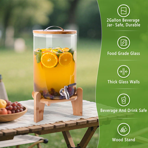 2 Gallon Glass Beverage Dispenser with Wood Stand and Stainless Steel Spigot J5571