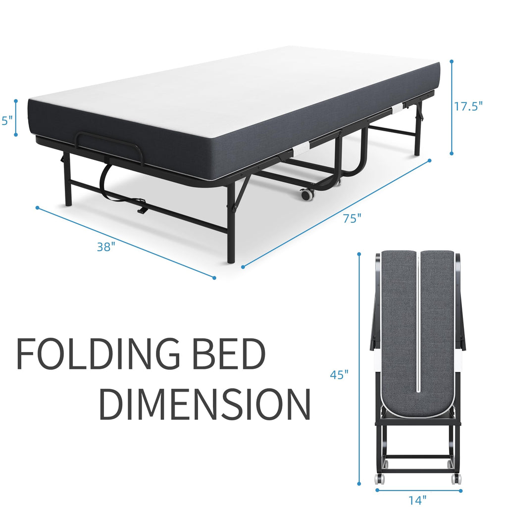 Folding Bed with Mattress, Twin Size Metal Bed Frame with Wheels S874