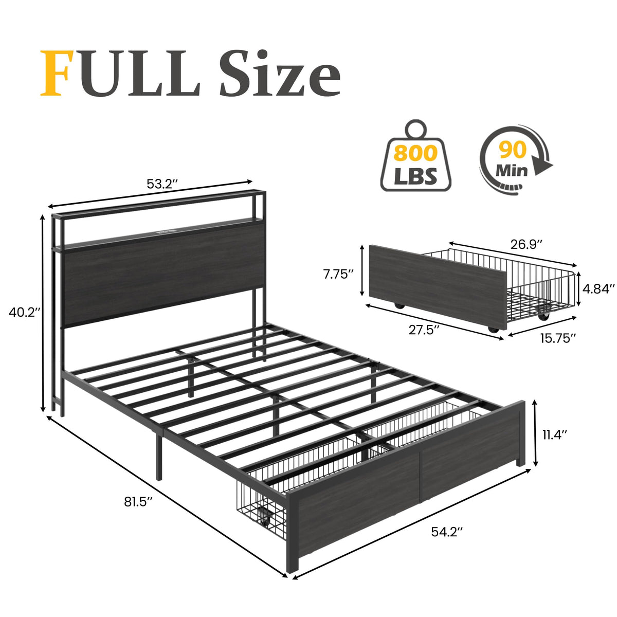 Rustic Grey Full Bed Frame with Charging Station D792321