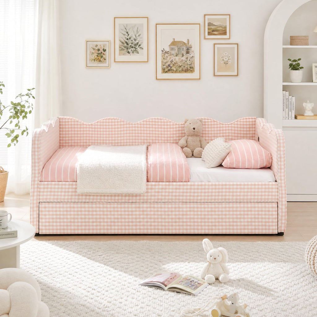 Pink Twin Size Linen Upholstered Daybed with Trundle I946572