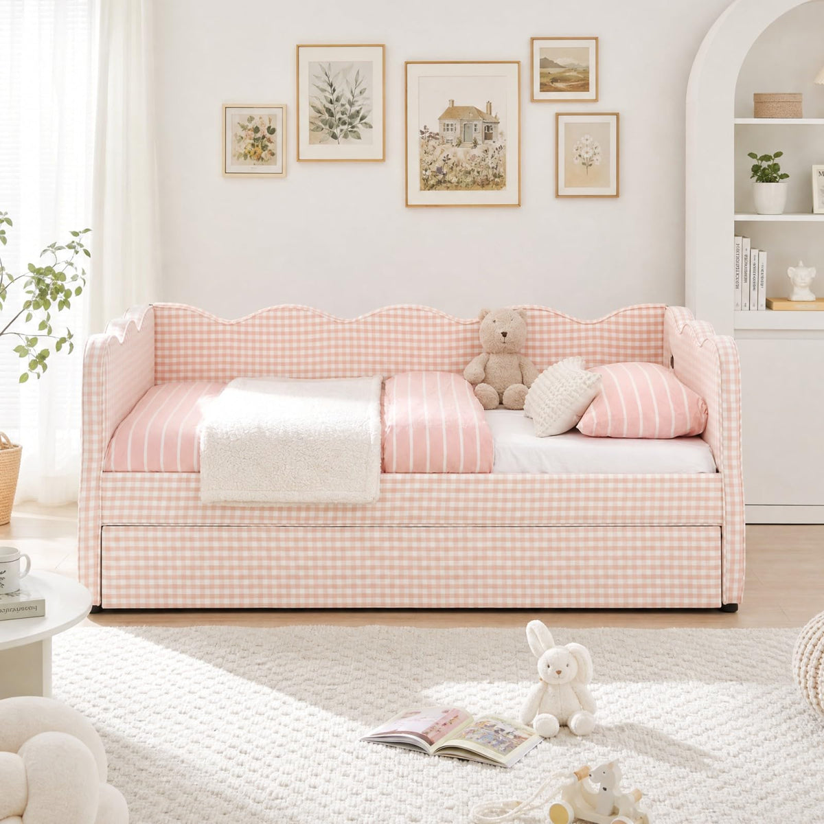Pink Twin Size Linen Upholstered Daybed with Trundle I946572