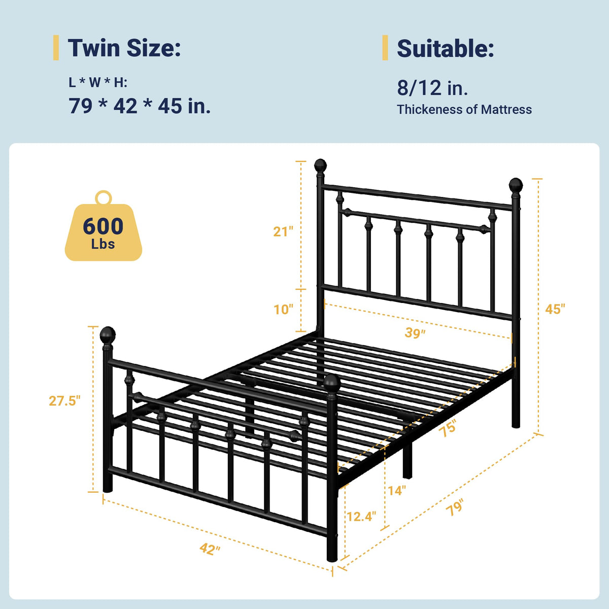 14'' Twin Size Black Metal Platform Bed Frame M18498
