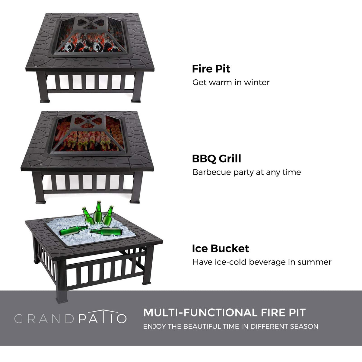 32" Square Wood Burning Fire Pit with Poker and Cover E2171