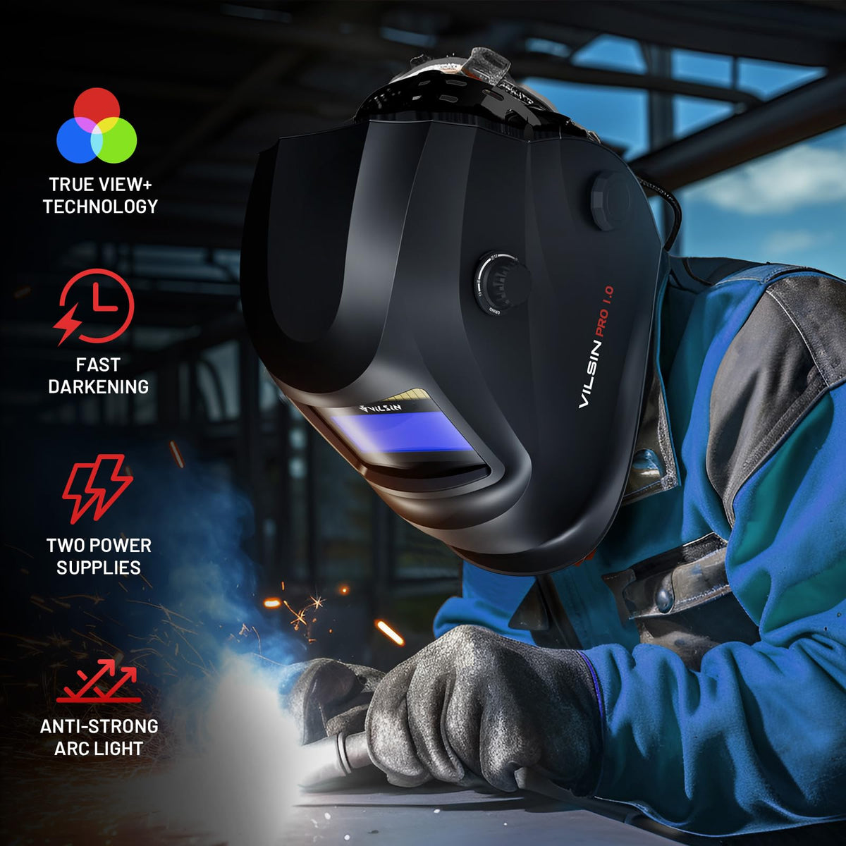 Auto Darkening Solar Powered Welding Helmet with 2 Arc Sensor, Black D704