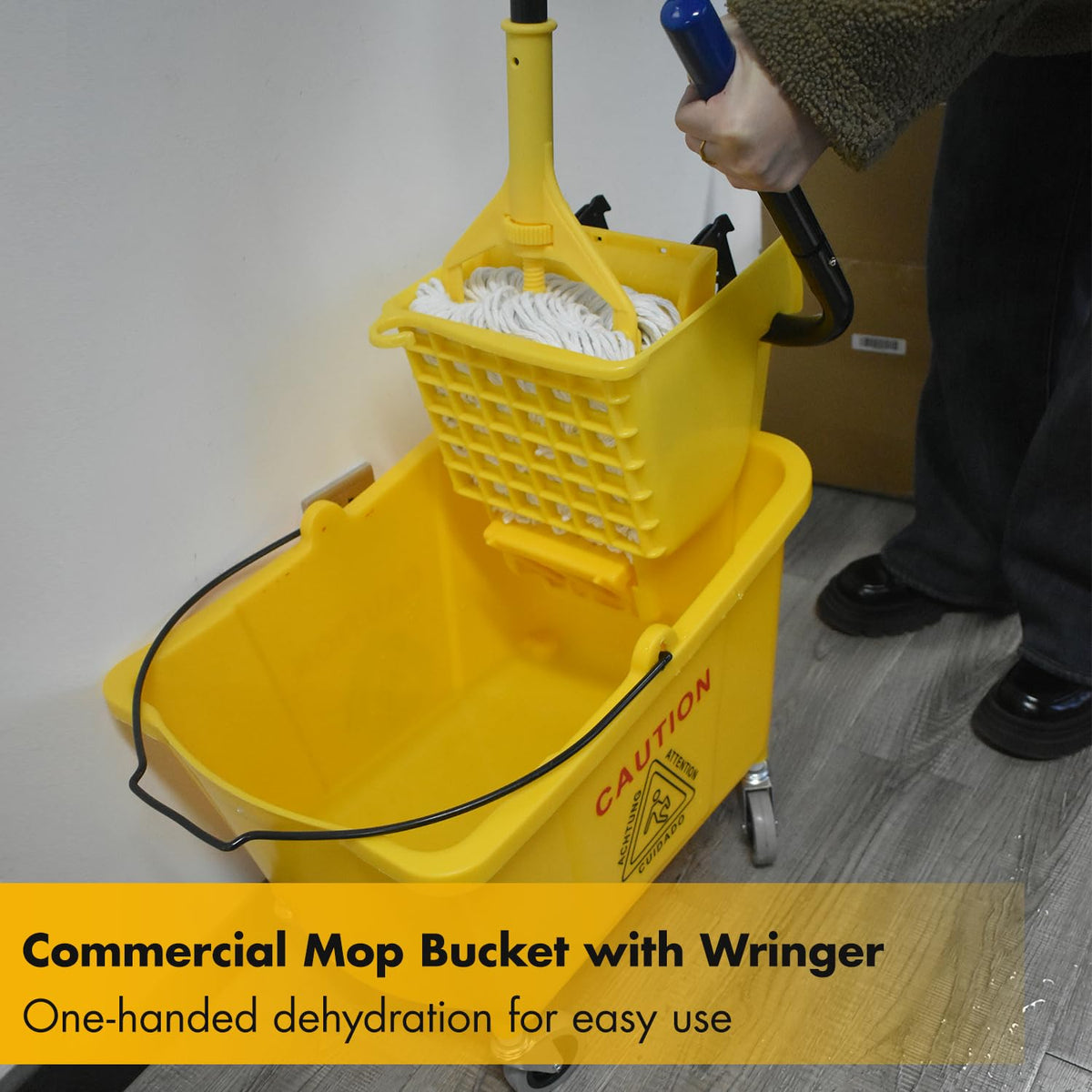 Commercial Mop Bucket with 2 Mop Heads and Caution Sign, 38 Quart J304