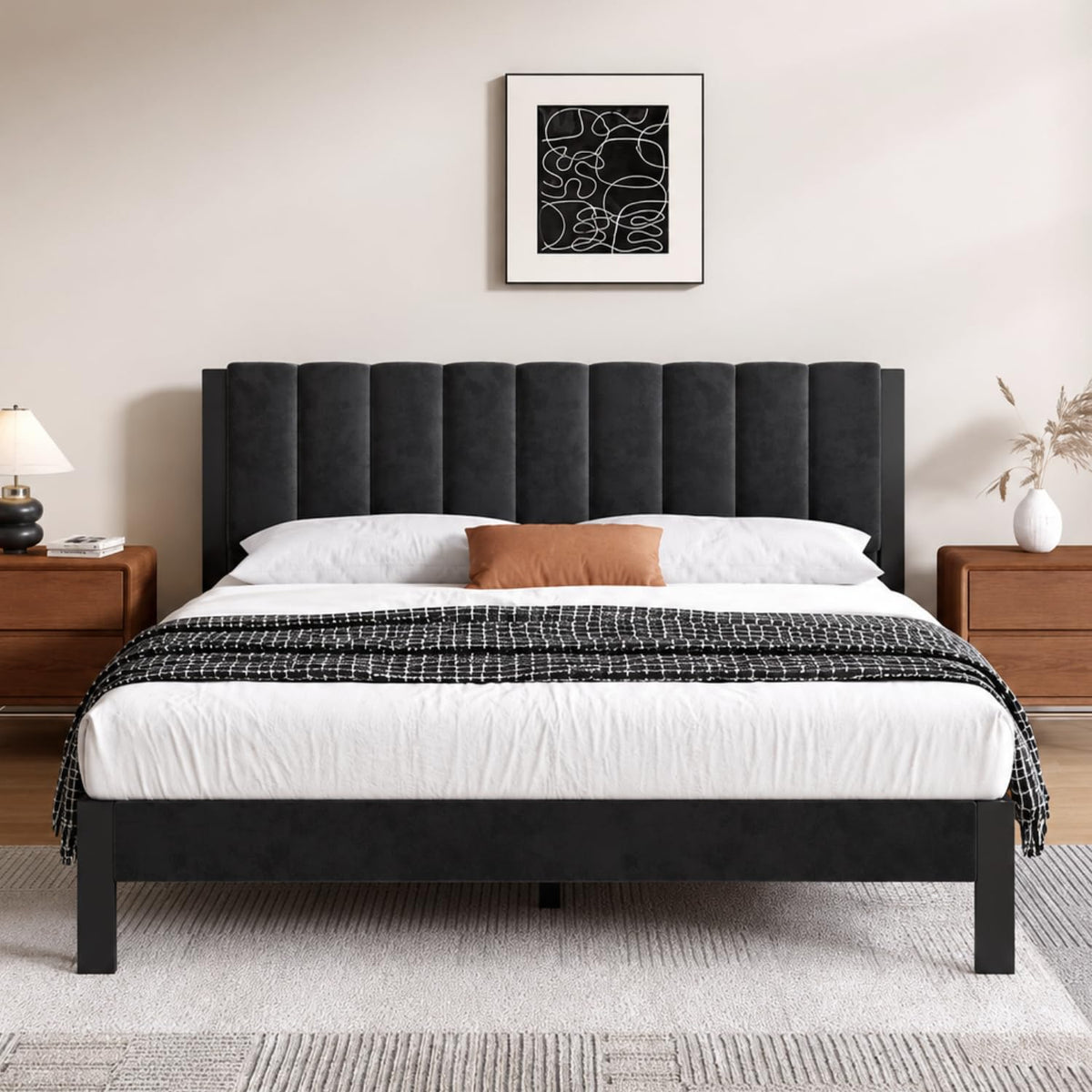 Twin Size Metal Platform Bed Frame with Velvet Headboard and Footboard N383744