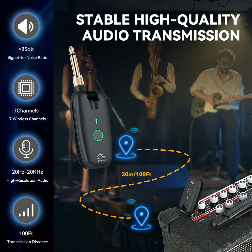Wireless Guitar System Transmitter Receiver 7-Channel Rechargeable Black U28857