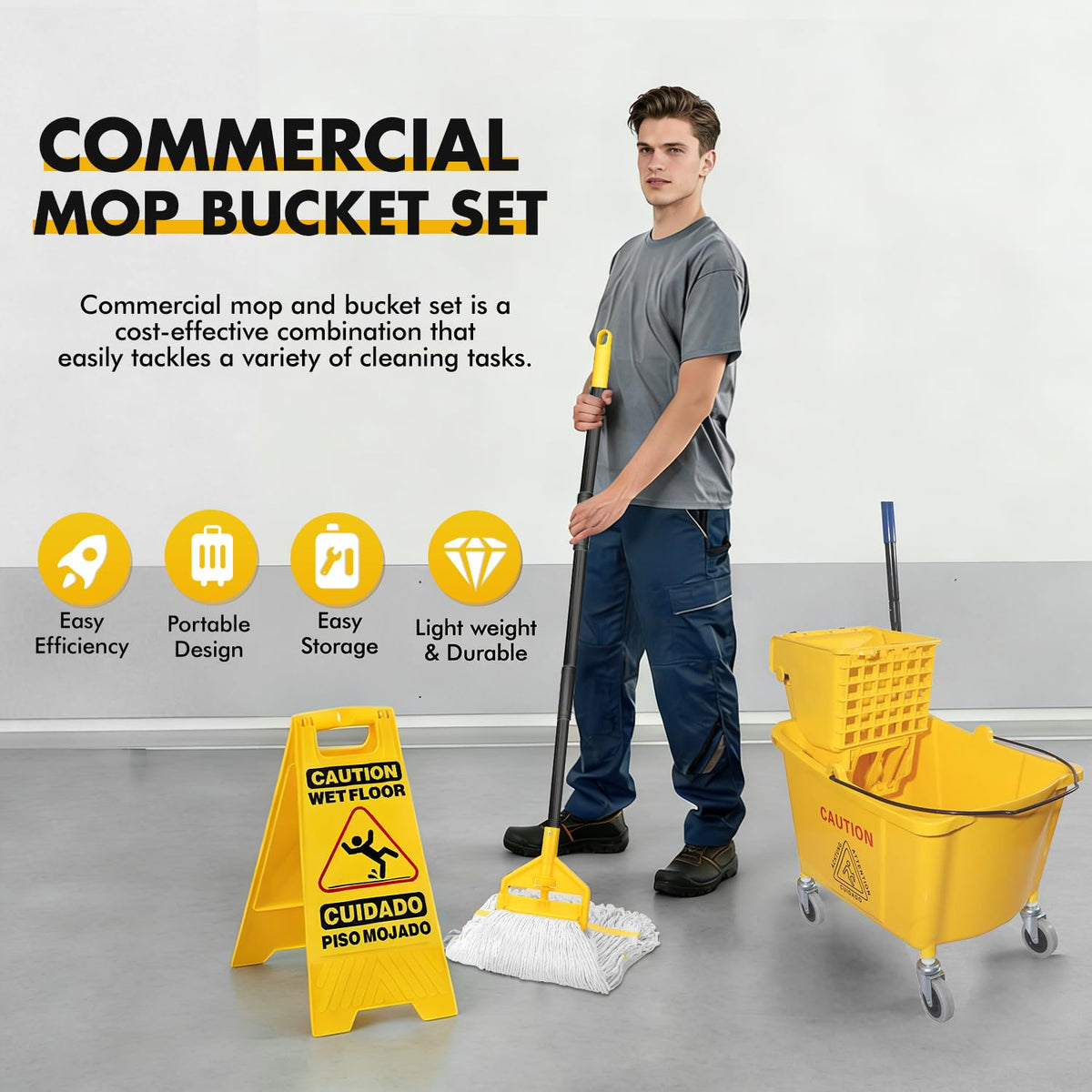 Commercial Mop Bucket with 2 Mop Heads and Caution Sign, 38 Quart J304
