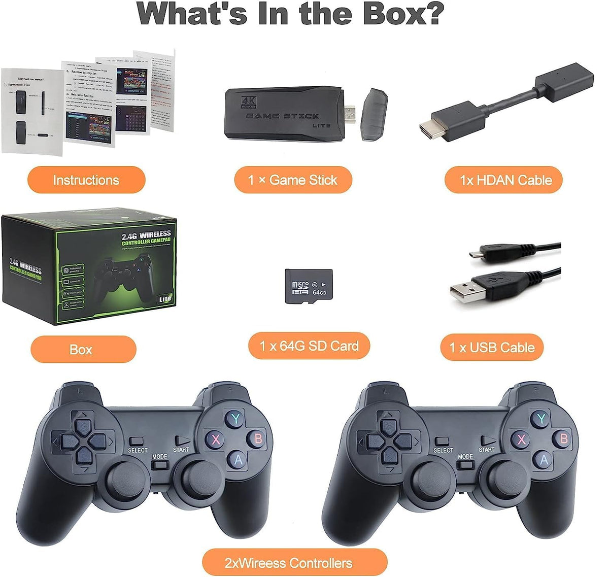 Plug and Play Retro Game Console with 4K HDMI Output, 2.4G Wireless Controllers, 64GB Memory Card O25458