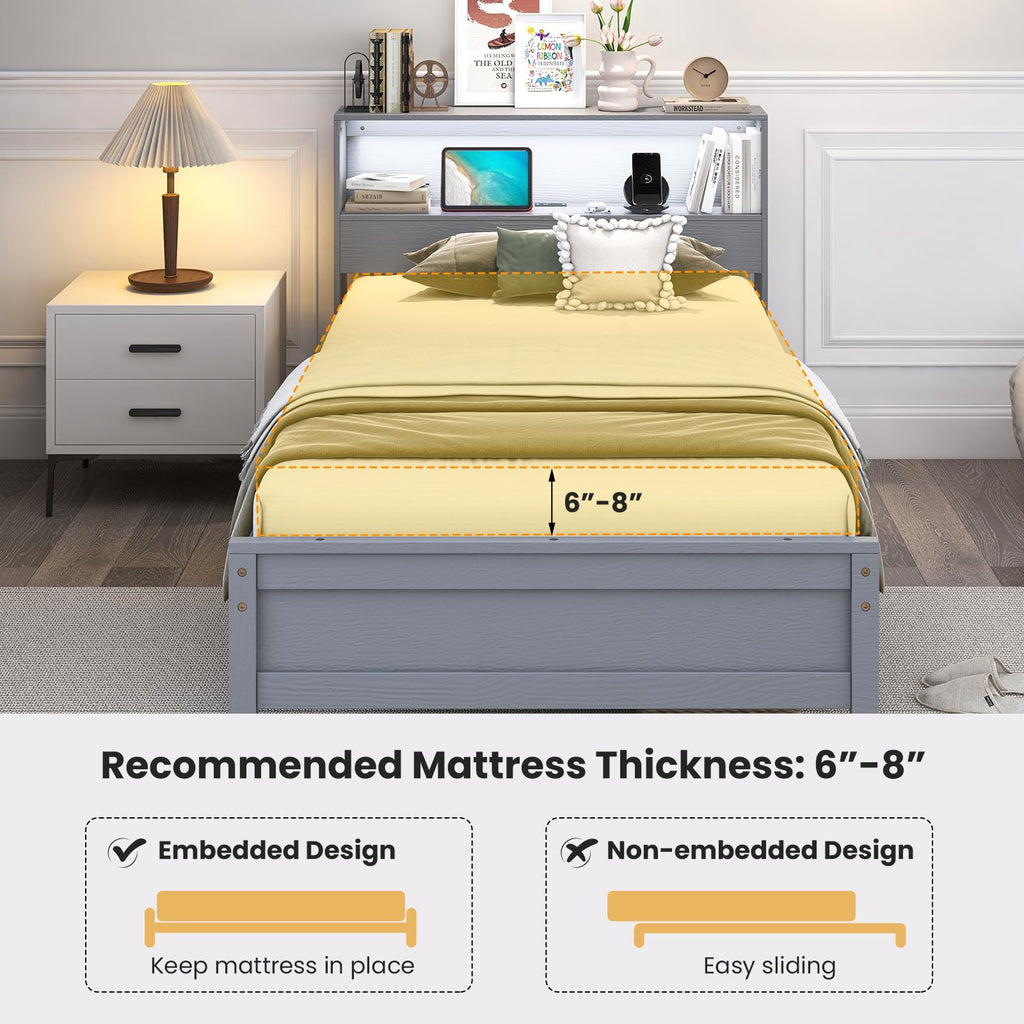 Twin Wood Platform Bed with Storage Headboard and Charging Station B49797
