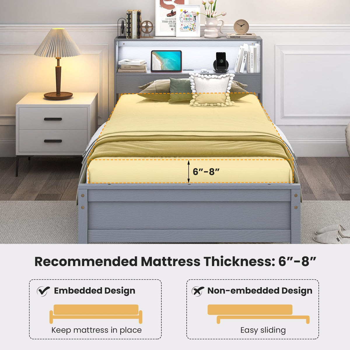 Twin Wood Platform Bed with Storage Headboard and Charging Station B49797