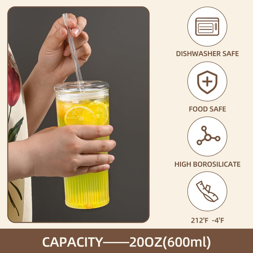 20 oz Glass Cups with Lids and Straws O79131