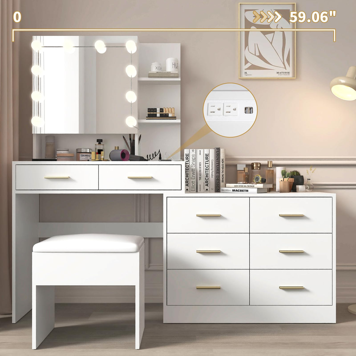 White Makeup Vanity Desk Set with 8 Drawers M345