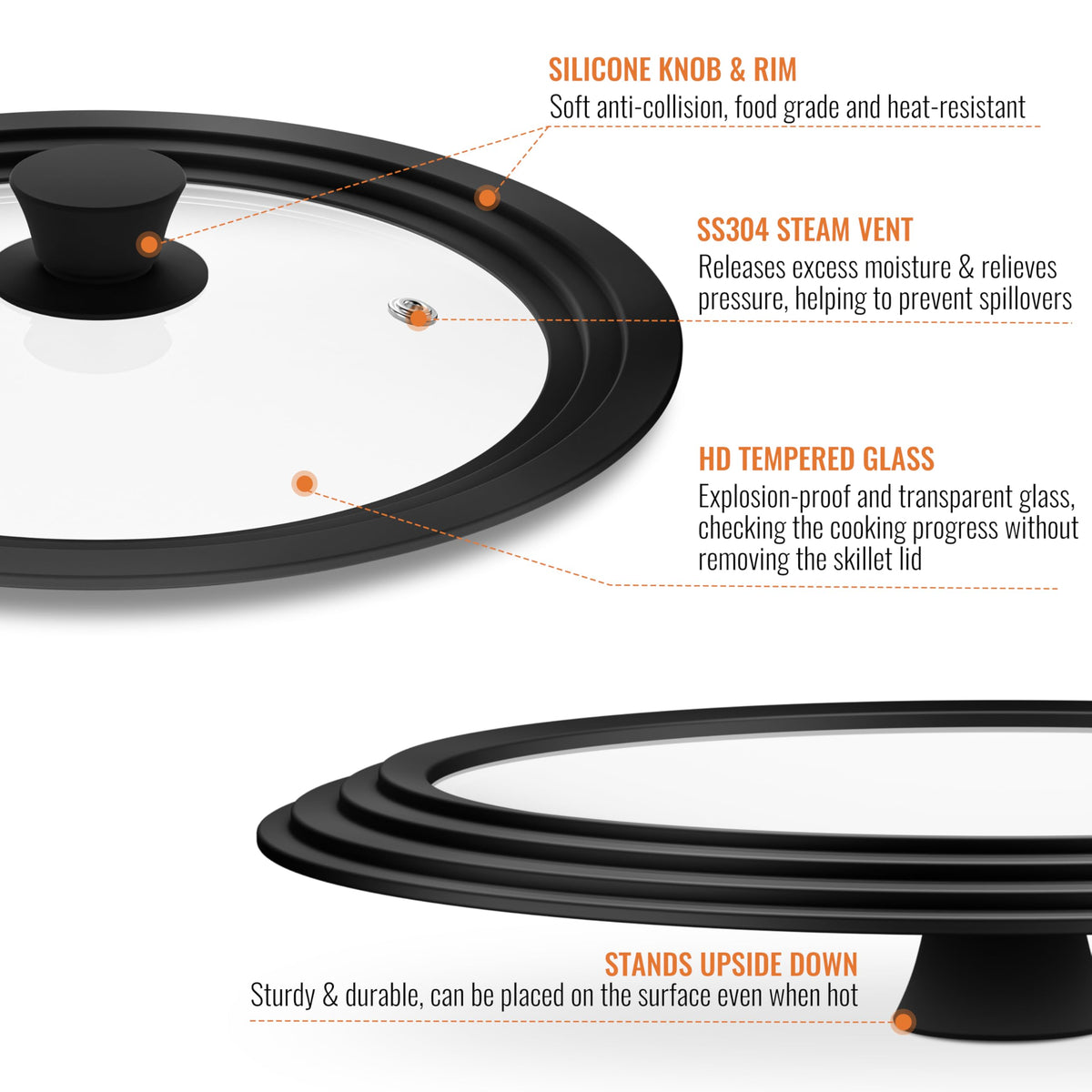 Tempered Glass Pot Lid with Silicone Rim, 10.5", 11" and 12" X832