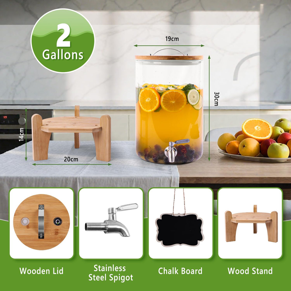 2 Gallon Glass Beverage Dispenser with Wood Stand and Stainless Steel Spigot J5571