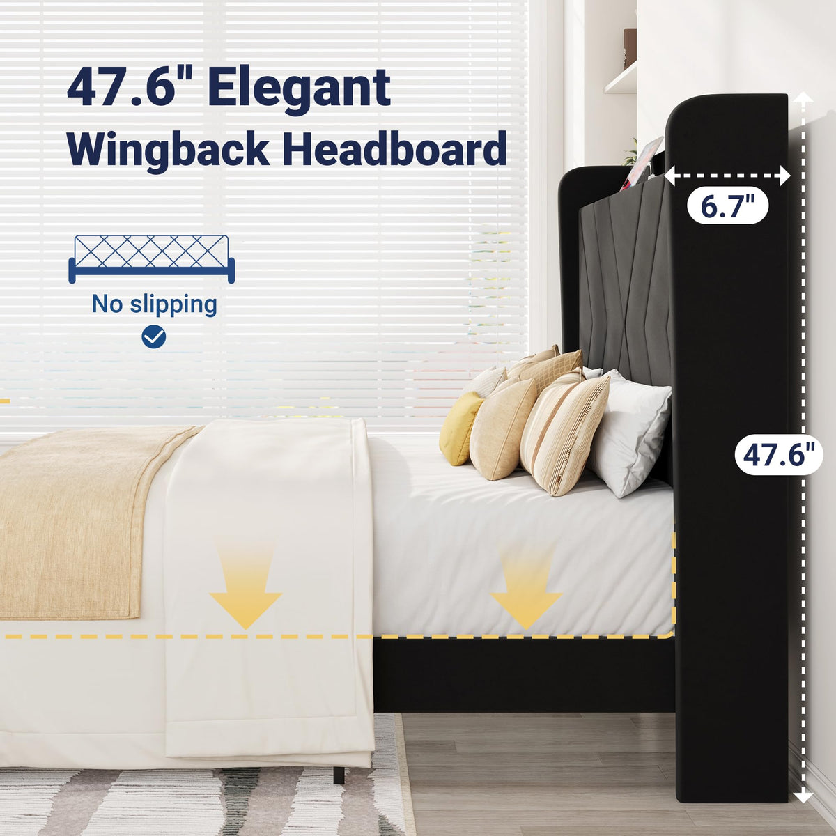 Queen Size Black Velvet Bed Frame with Charging and Shelf J36878