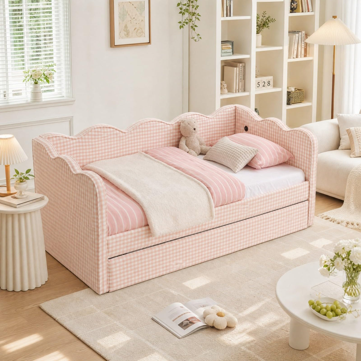 Pink Twin Size Linen Upholstered Daybed with Trundle I946572