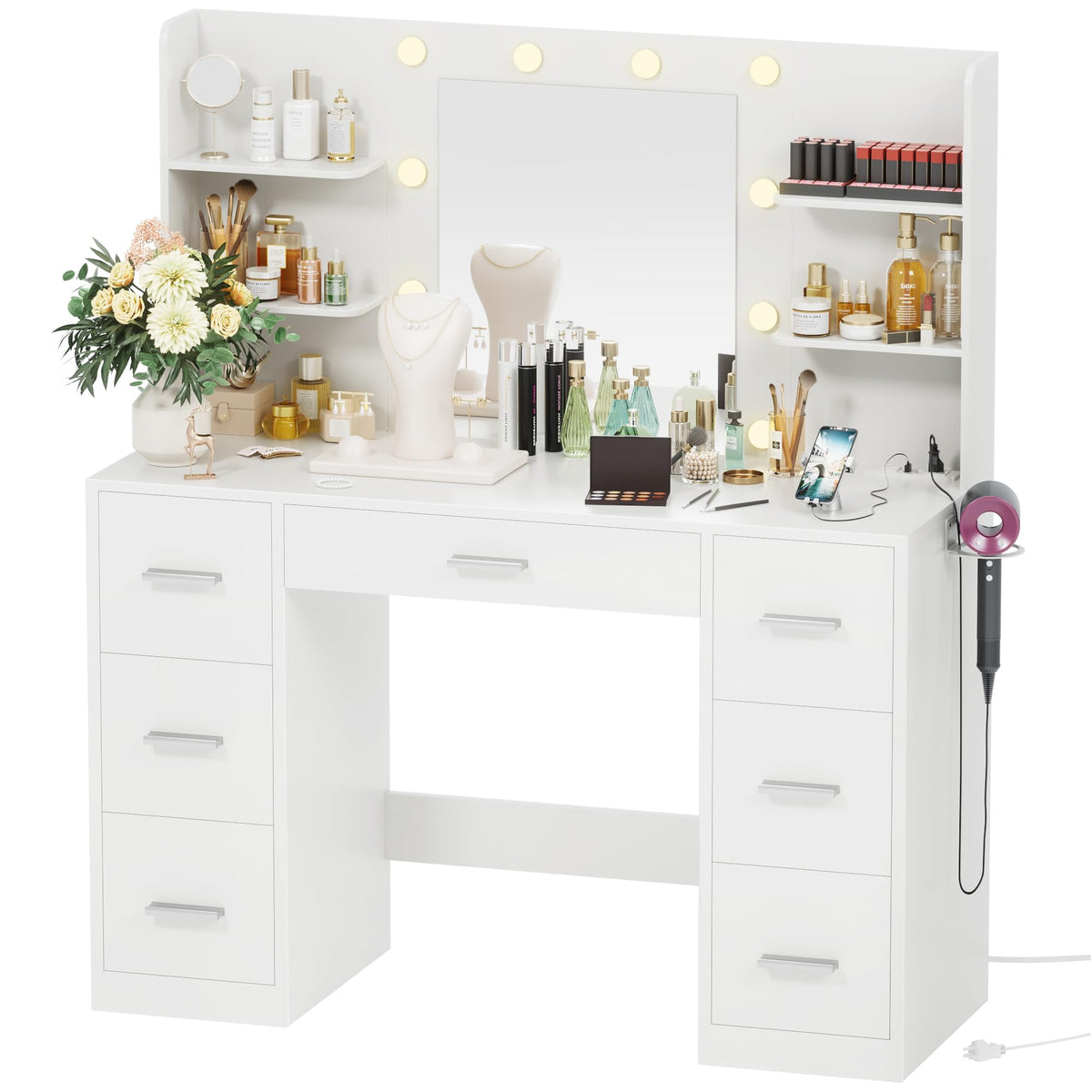 White Vanity Desk with Lighted Mirror and 7 Drawers O933