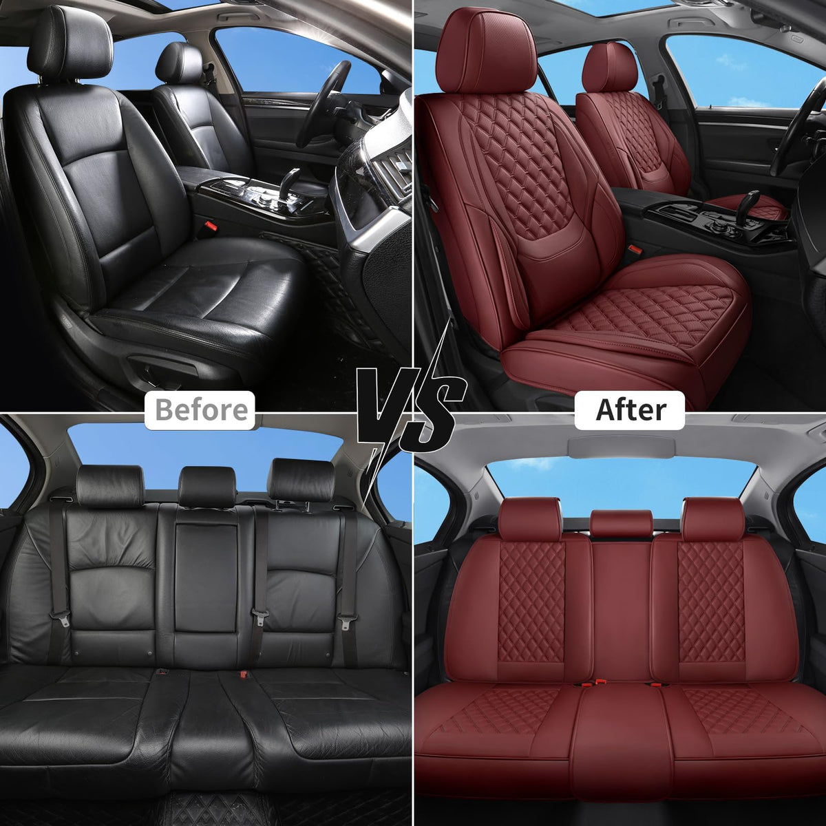 Wine Red Leather Full Set Car Seat Covers Q8327