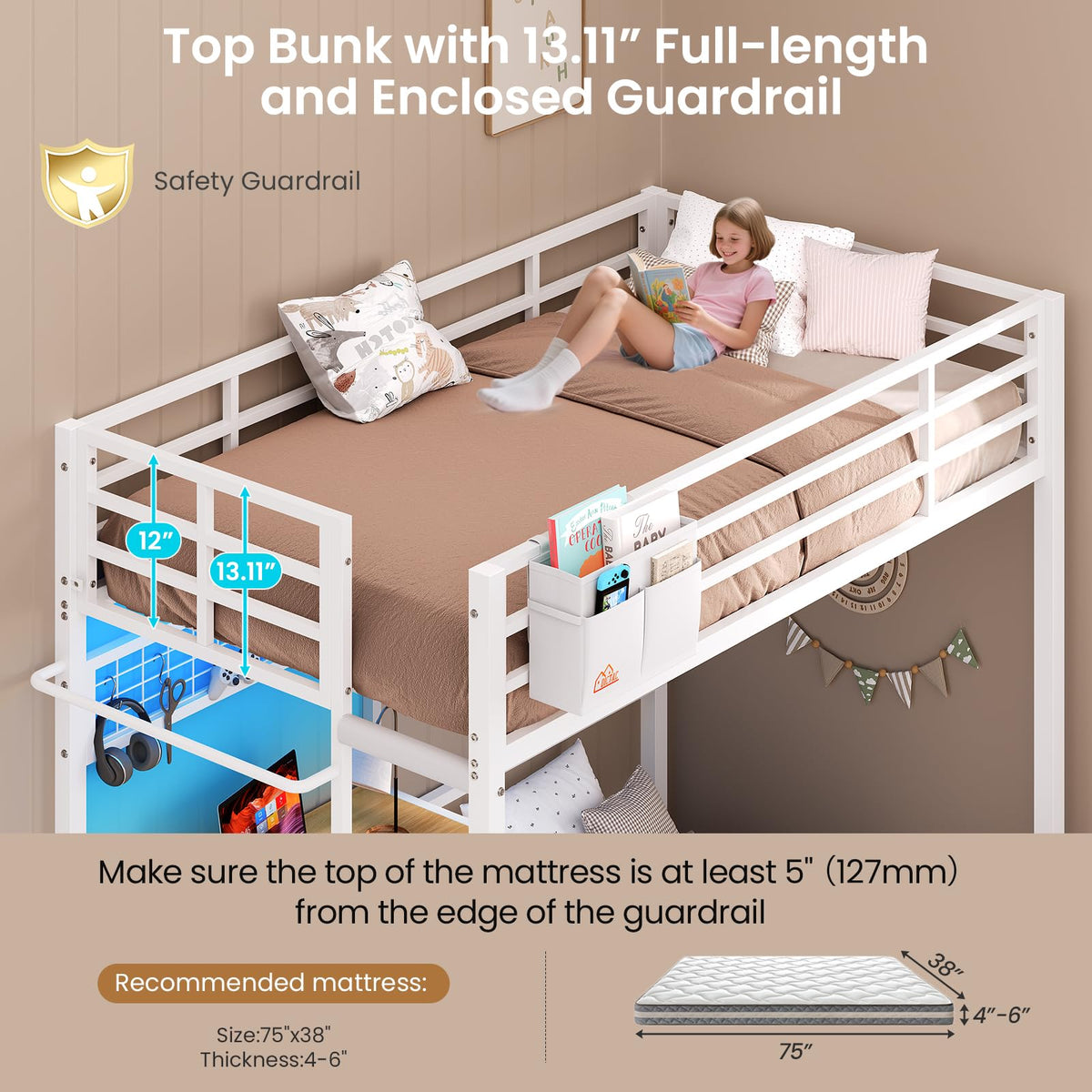 Twin Over Twin White Bunk Bed with Desk V290