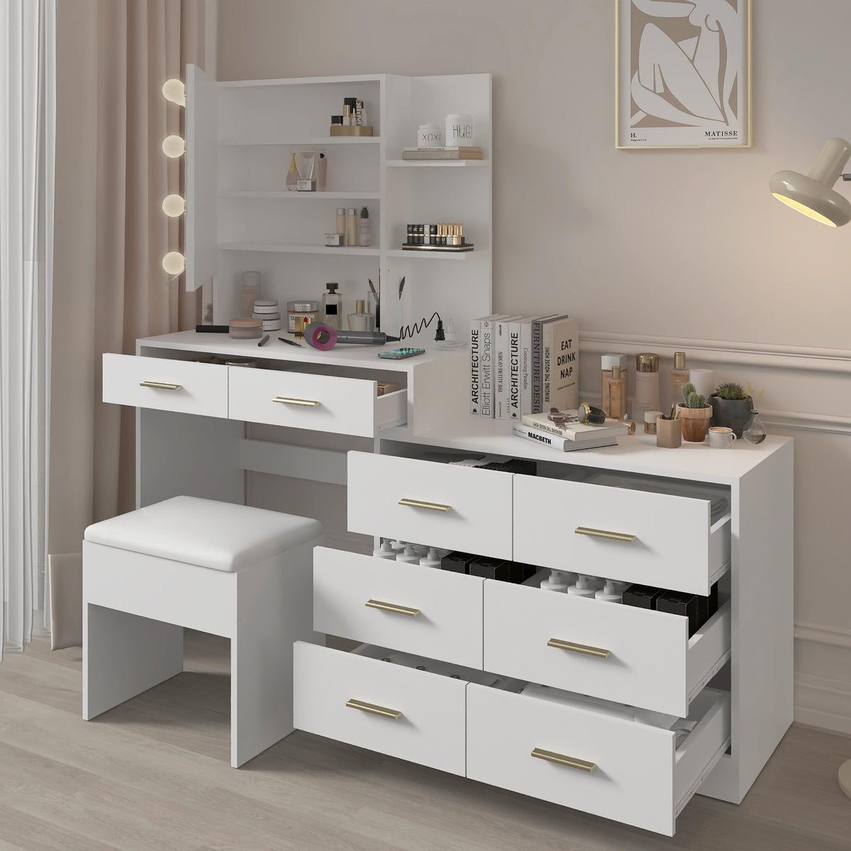 White Makeup Vanity Desk Set with 8 Drawers M345