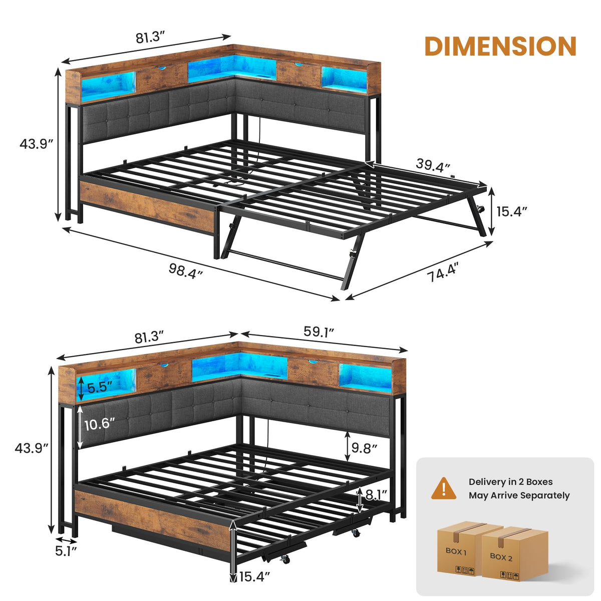 Black Corner Full Bed Frame with Trundle P598