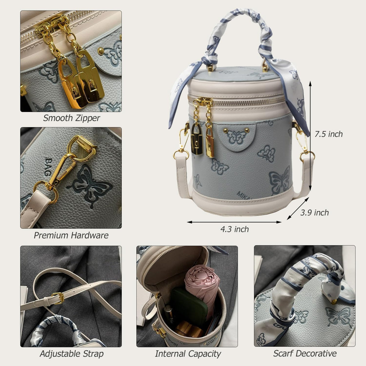 Crossbody Bucket Bag Vegan Leather Mini Round Top Handle U811