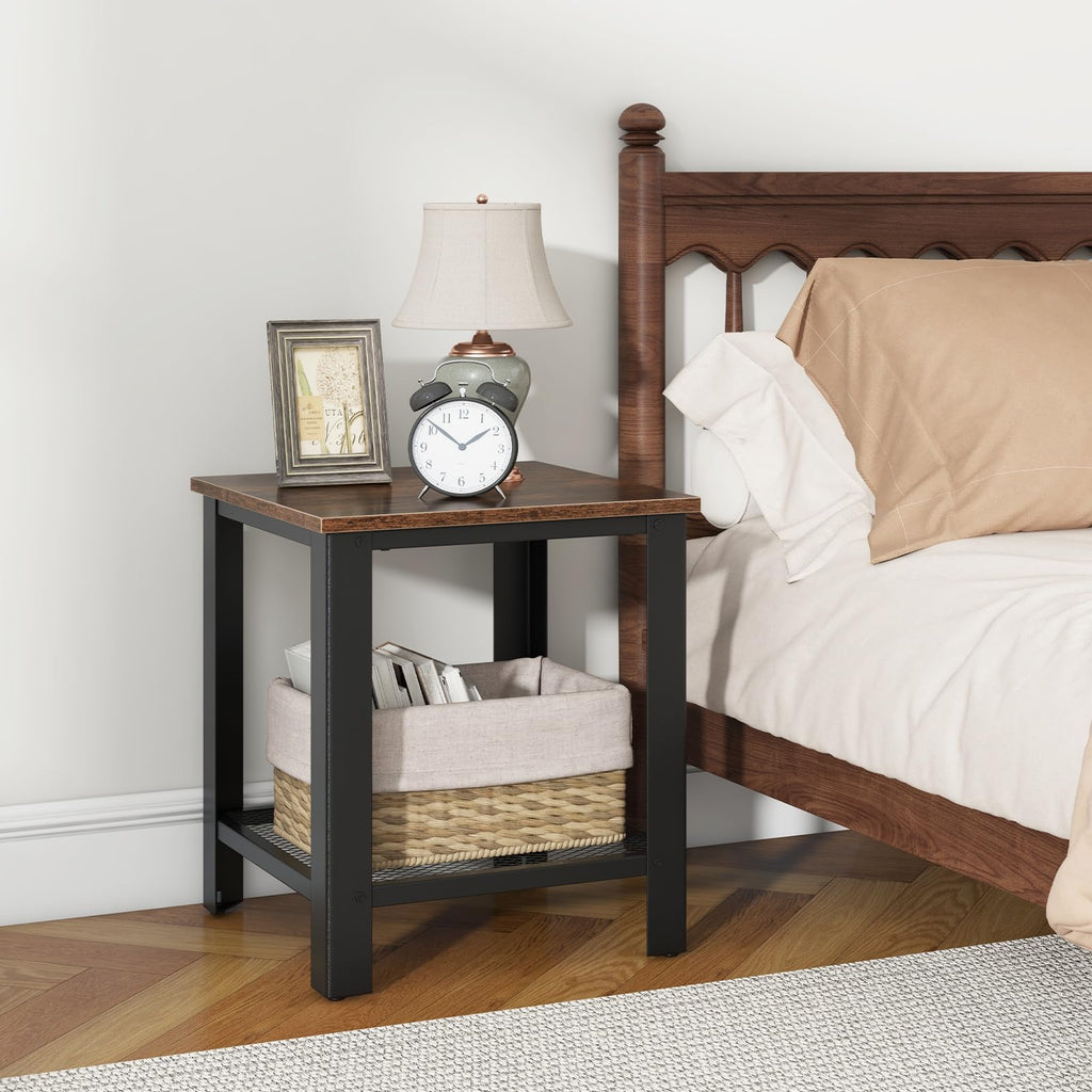 2-Tier End Table Set of 2, 16 Inch Side Table with Mesh Storage Shelf N1819