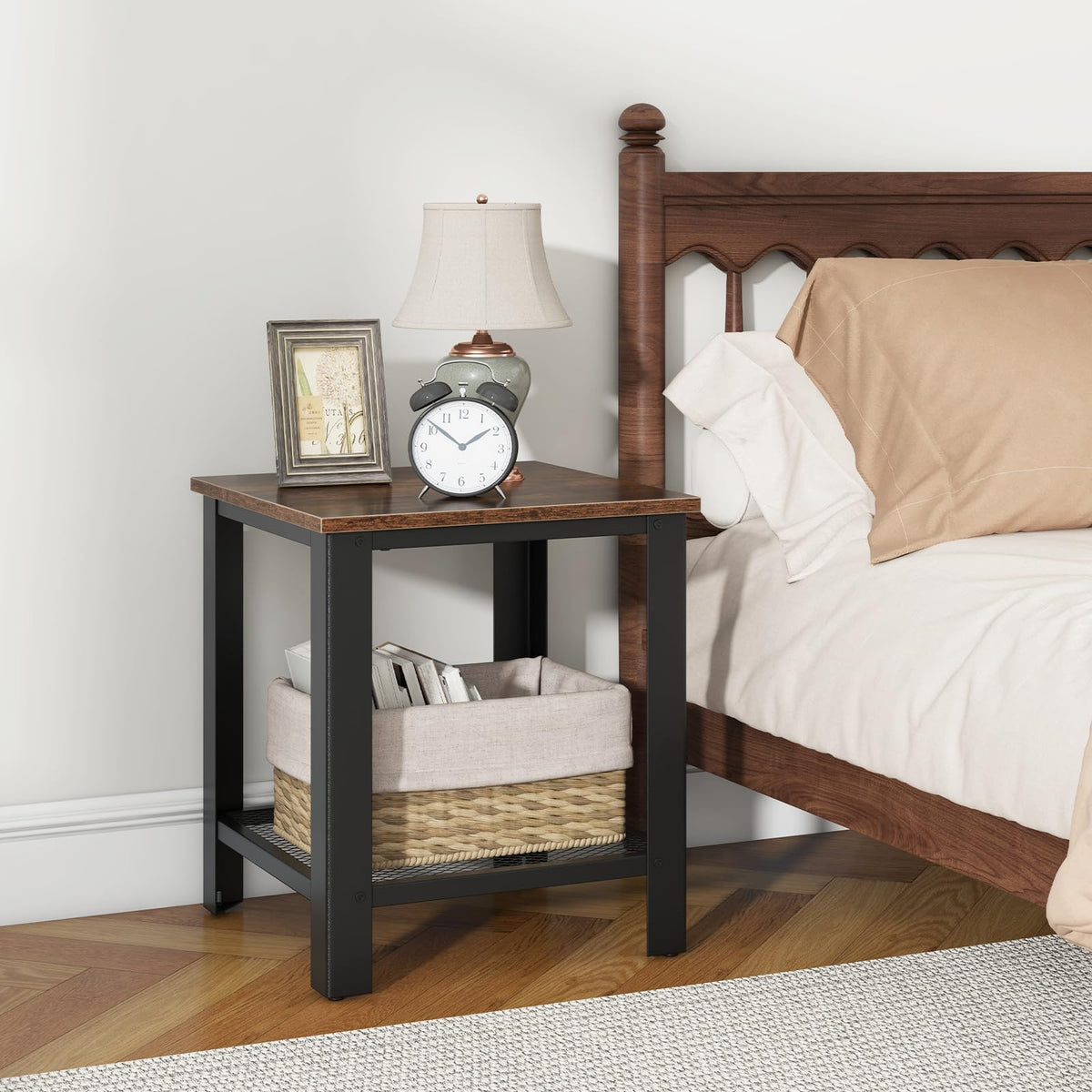 2-Tier End Table Set of 2, 16 Inch Side Table with Mesh Storage Shelf N1819